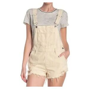 ~ Free People 30 Shortalls We The Free Cream Distressed Denim Short Overall Fray
